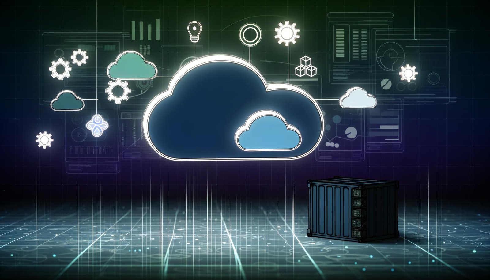 Abstrakte Grafik mit Wolken, Zahnrädern, digitalen Containern für Kubernetes, Docker und CI/CD, verbunden durch leuchtende Linien und einem dunklen, alten Server im Hintergrund.