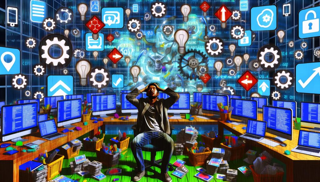 Illustration eines überforderten Marketers inmitten chaotischer digitaler Tools, Icons, Kabel und Datenströme mit geordneten Pipelines im Hintergrund