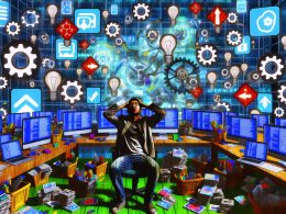 Illustration eines überforderten Marketers inmitten chaotischer digitaler Tools, Icons, Kabel und Datenströme mit geordneten Pipelines im Hintergrund