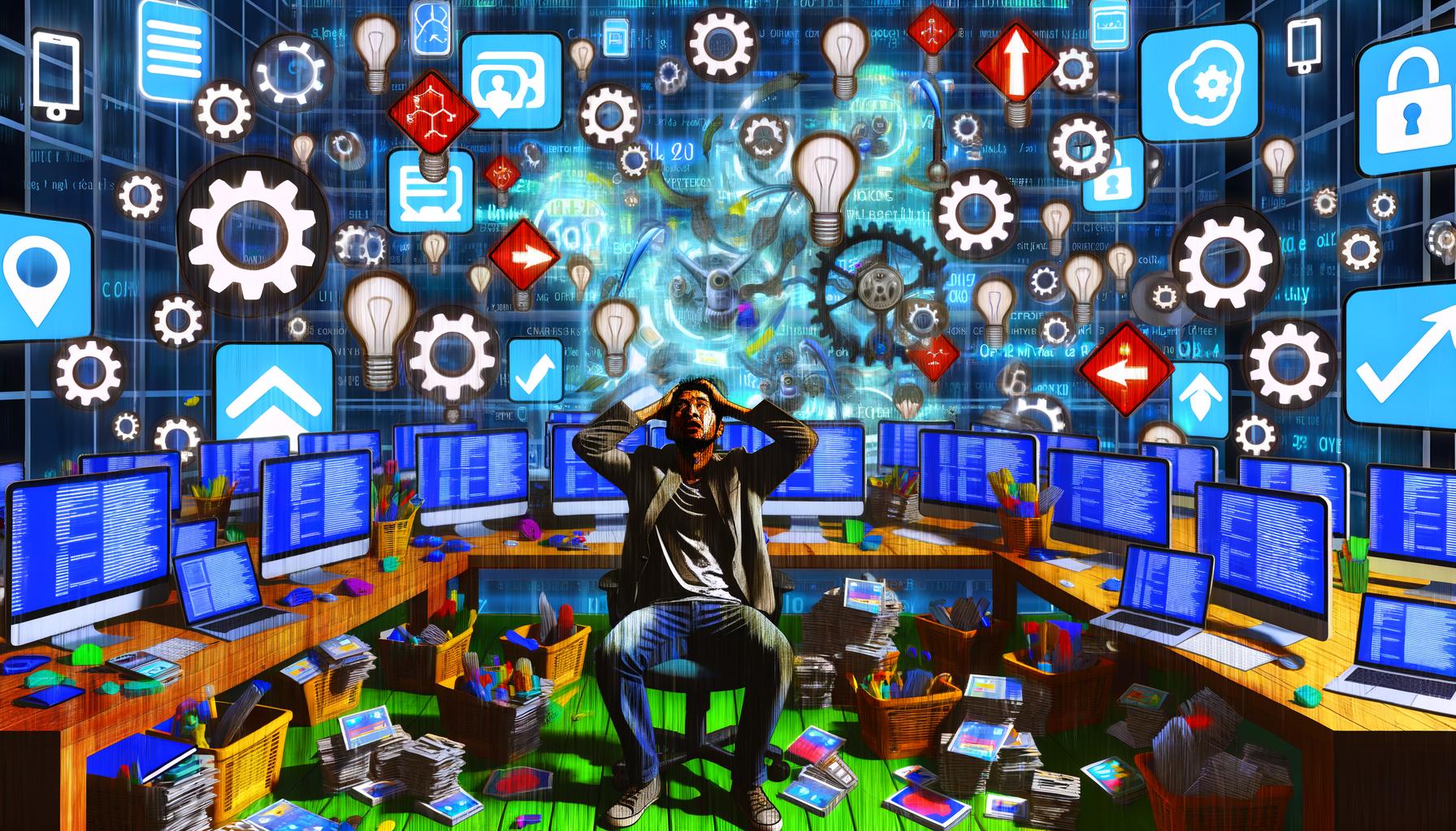 Illustration eines überforderten Marketers inmitten chaotischer digitaler Tools, Icons, Kabel und Datenströme mit geordneten Pipelines im Hintergrund