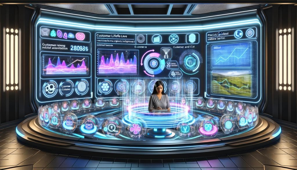 Futuristischer Kontrollraum mit Analystin und geschwungenem Dashboard, das zahlreiche CRM Analytics Datenströme, KPIs und Prognosen in Echtzeit darstellt.