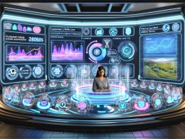 Futuristischer Kontrollraum mit Analystin und geschwungenem Dashboard, das zahlreiche CRM Analytics Datenströme, KPIs und Prognosen in Echtzeit darstellt.