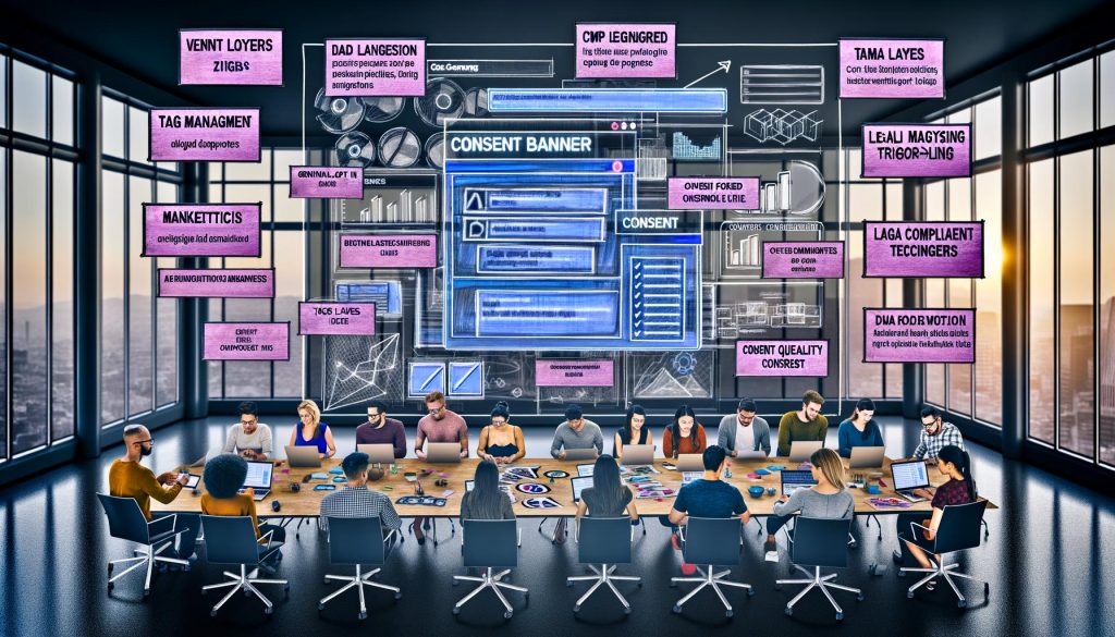 Szene in einem modernen Büro, in dem Entwickler und Marketer rund um Computer und Tablets an der Konfiguration und Analyse von Consent-Bannern mit technischen und rechtlichen Tools arbeiten.