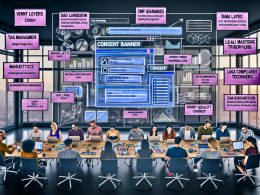 Szene in einem modernen Büro, in dem Entwickler und Marketer rund um Computer und Tablets an der Konfiguration und Analyse von Consent-Bannern mit technischen und rechtlichen Tools arbeiten.