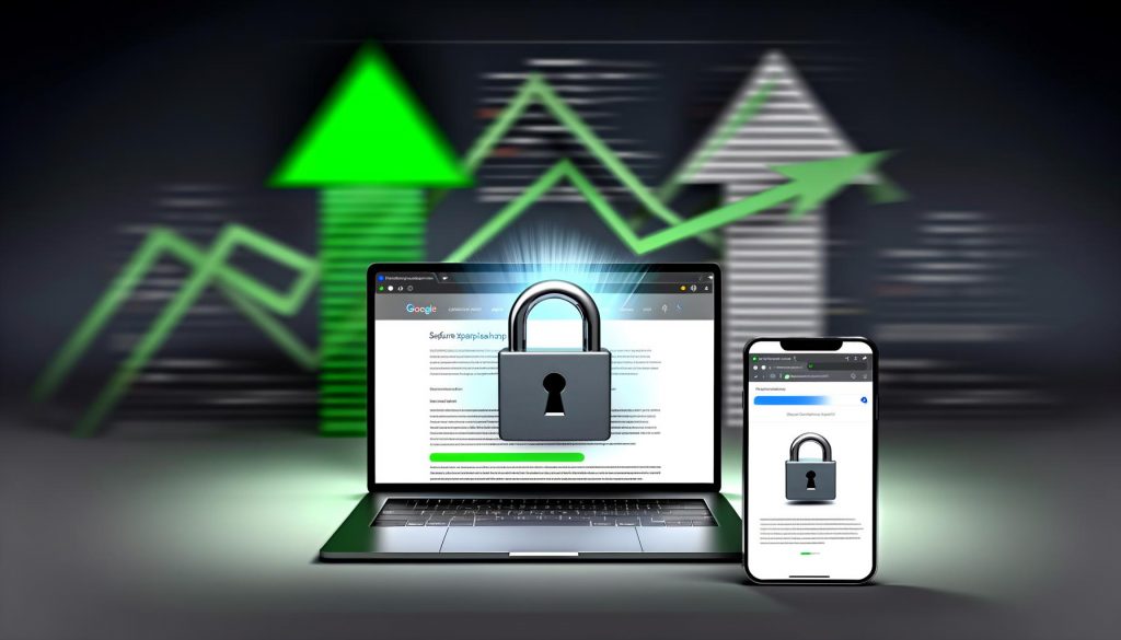 Moderne Website auf Laptop und Smartphone mit HTTPS-Schloss, unsichere HTTP-Screenshots im Hintergrund, digitales Ranking-Diagramm als Hinweis auf SEO- und Conversion-Vorteile