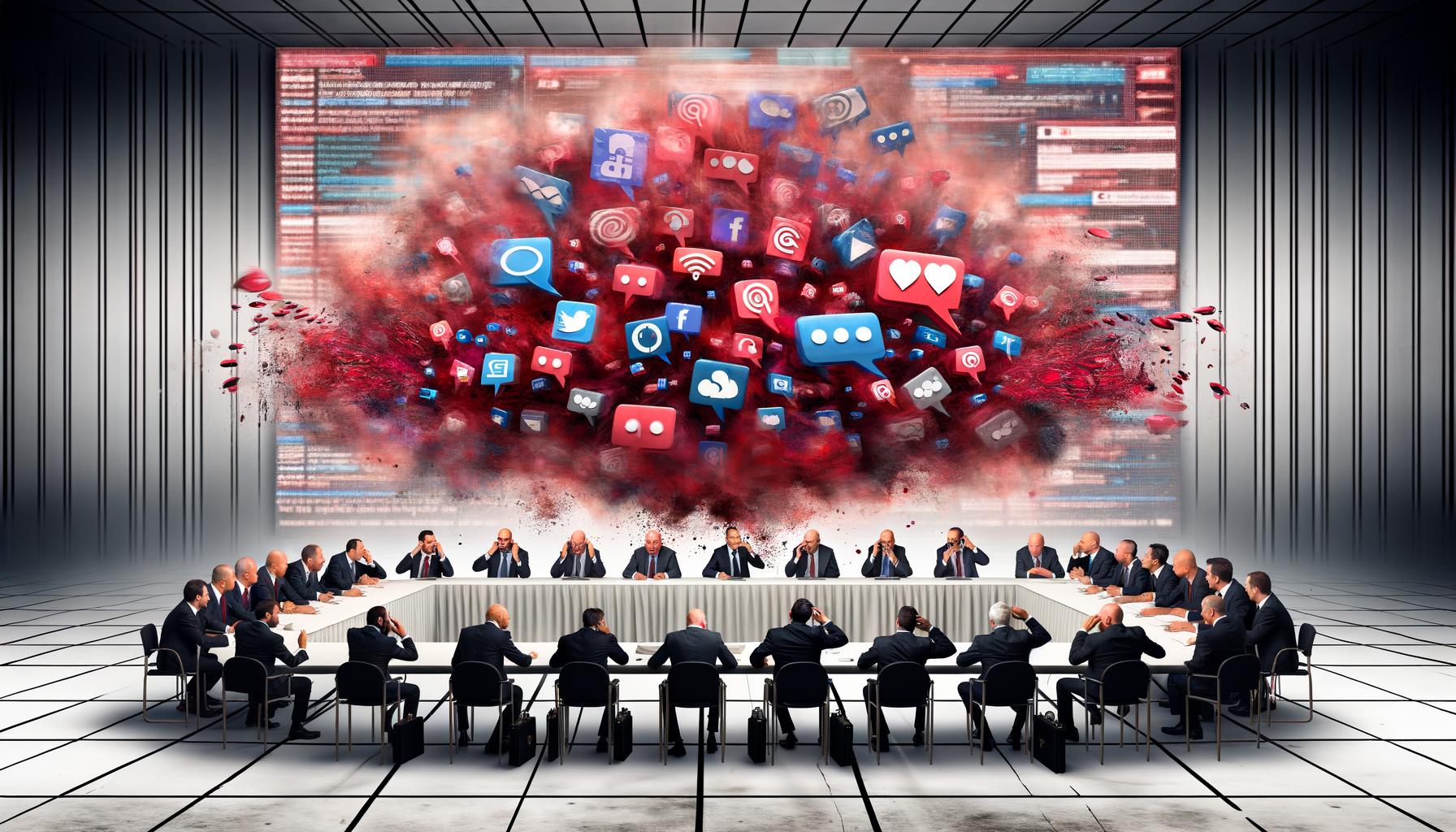 Minister, Lobbyisten und Berater an großem Konferenztisch, umgeben von Akten, Laptops und digitalen Sprechblasen, mit Social-Media-Bildschirmen und hektischer Atmosphäre.