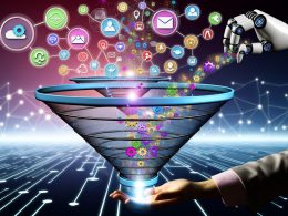 Futuristisch gestalteter digitaler Sales Funnel mit Datenströmen, Icons und automatisierten Tools, die Leads verarbeiten und an ein modernes Team weitergeben, hinterlegt von einem digitalen Netzwerk.