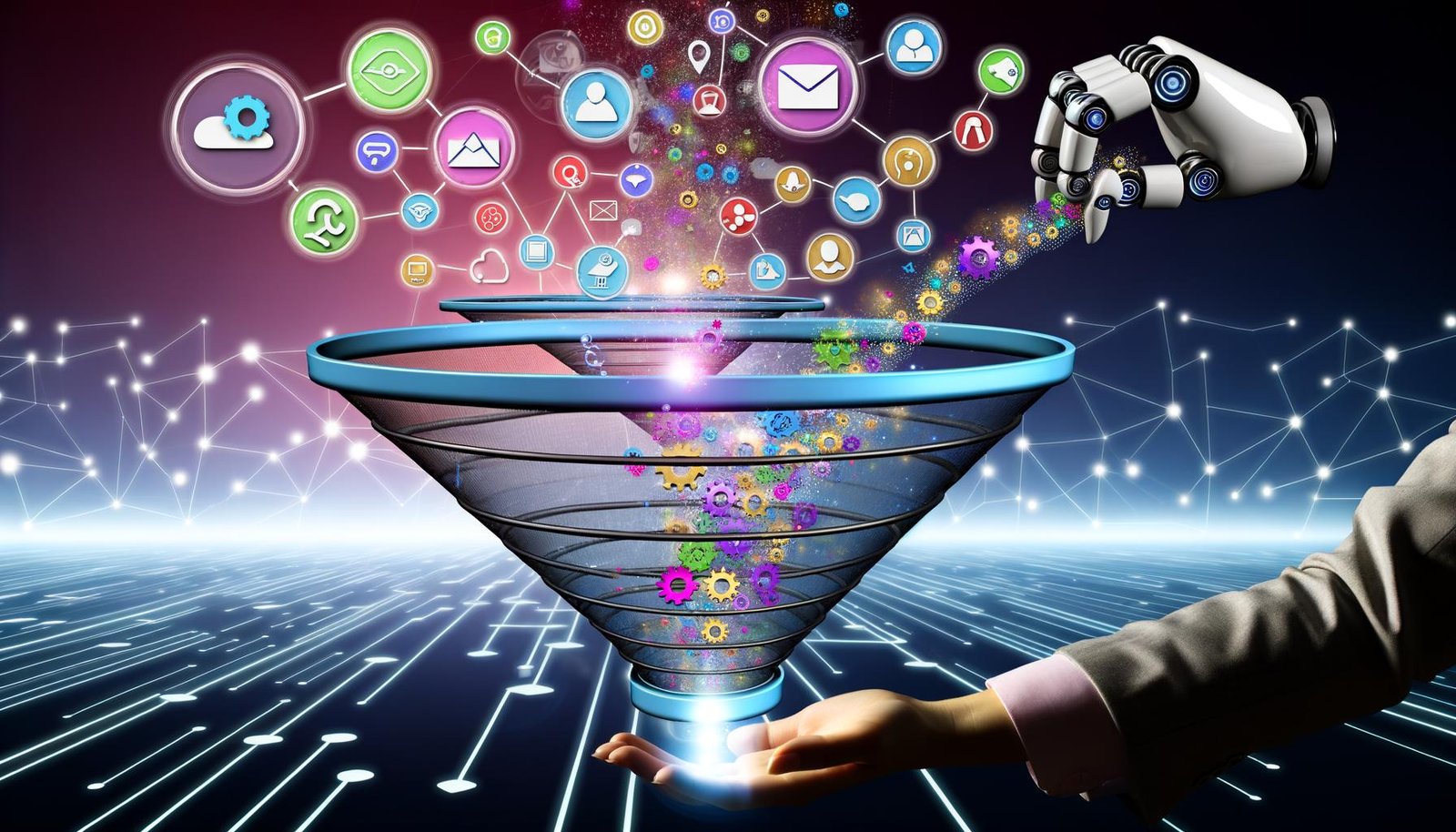 Futuristisch gestalteter digitaler Sales Funnel mit Datenströmen, Icons und automatisierten Tools, die Leads verarbeiten und an ein modernes Team weitergeben, hinterlegt von einem digitalen Netzwerk.