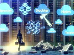 Illustration eines Serverraums mit holografischen Logos von Kubernetes, Docker, Helm, Prometheus und Terraform. Im Hintergrund zerknüllte Buzzword-Banner, flatternde digitale YAML-Dateien und ein entschlossener IT-Profi mit Werkzeugkasten und Bauplan.