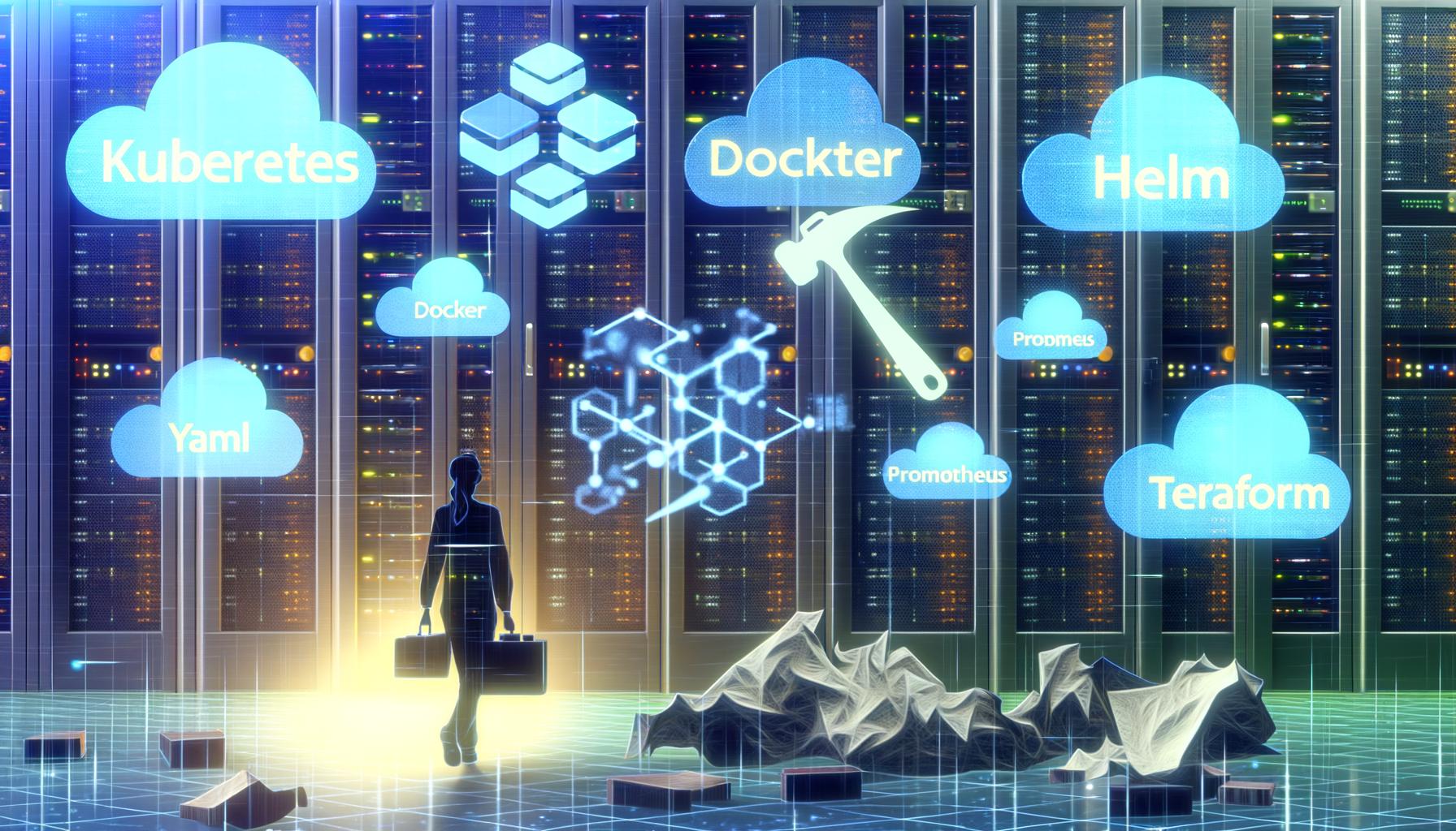 Illustration eines Serverraums mit holografischen Logos von Kubernetes, Docker, Helm, Prometheus und Terraform. Im Hintergrund zerknüllte Buzzword-Banner, flatternde digitale YAML-Dateien und ein entschlossener IT-Profi mit Werkzeugkasten und Bauplan.