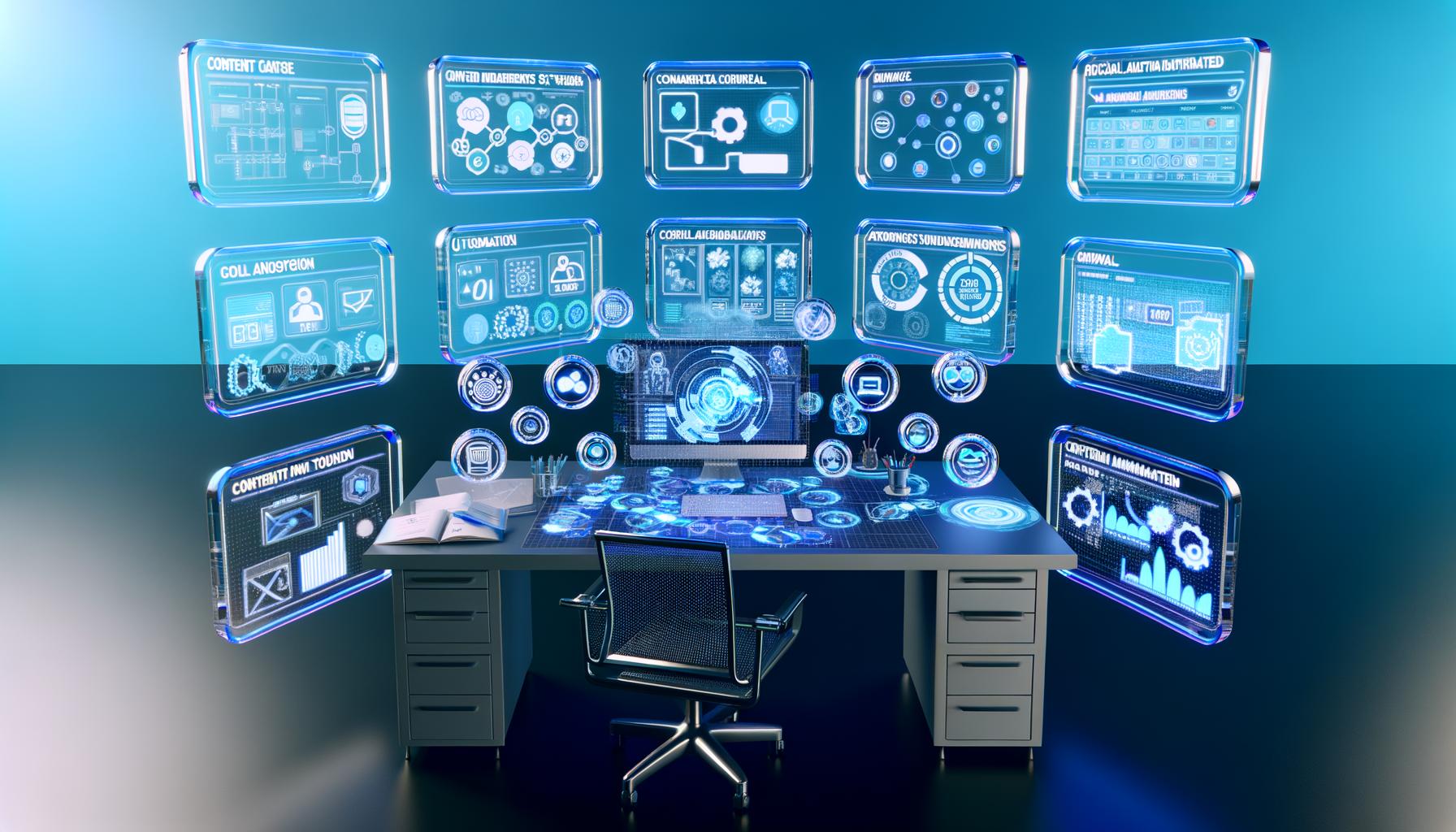 Futuristischer digitaler Arbeitsplatz eines Marketers mit transparenten Displays für Workflows, Redaktionsplanung, Analyse und KI-Vorschlägen, umgeben von vernetzten Plattform-Icons.