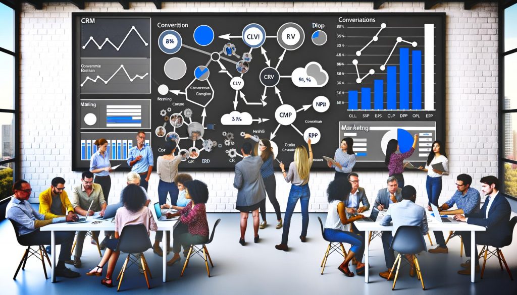 Diverse Büroteammitglieder diskutieren und analysieren gemeinsam ein modernes CRM-Analytics-Dashboard mit klaren, farbigen Datenvisualisierungen und KPIs. Im Hintergrund ist ein verblasstes, überladenes Dashboard zu sehen, das die Fortschritte der aktuellen Analyselösung hervorhebt.