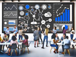 Diverse Büroteammitglieder diskutieren und analysieren gemeinsam ein modernes CRM-Analytics-Dashboard mit klaren, farbigen Datenvisualisierungen und KPIs. Im Hintergrund ist ein verblasstes, überladenes Dashboard zu sehen, das die Fortschritte der aktuellen Analyselösung hervorhebt.