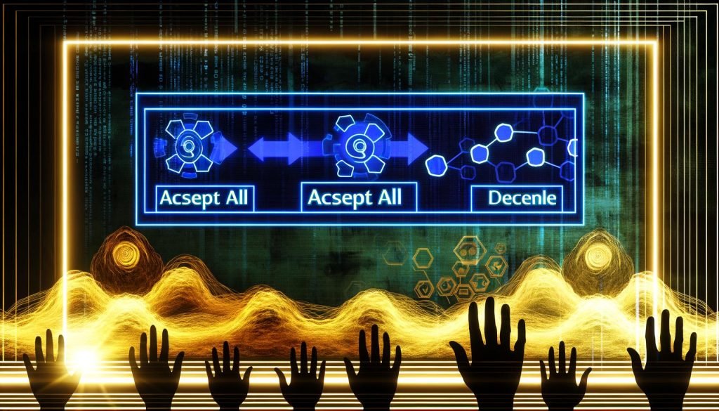 Computerbildschirm mit Cookie-Consent-Banner, blockierte Datenströme, verblasste Analytics-Icons und Nutzerhände an Schiebereglern vor technischem Hintergrund.