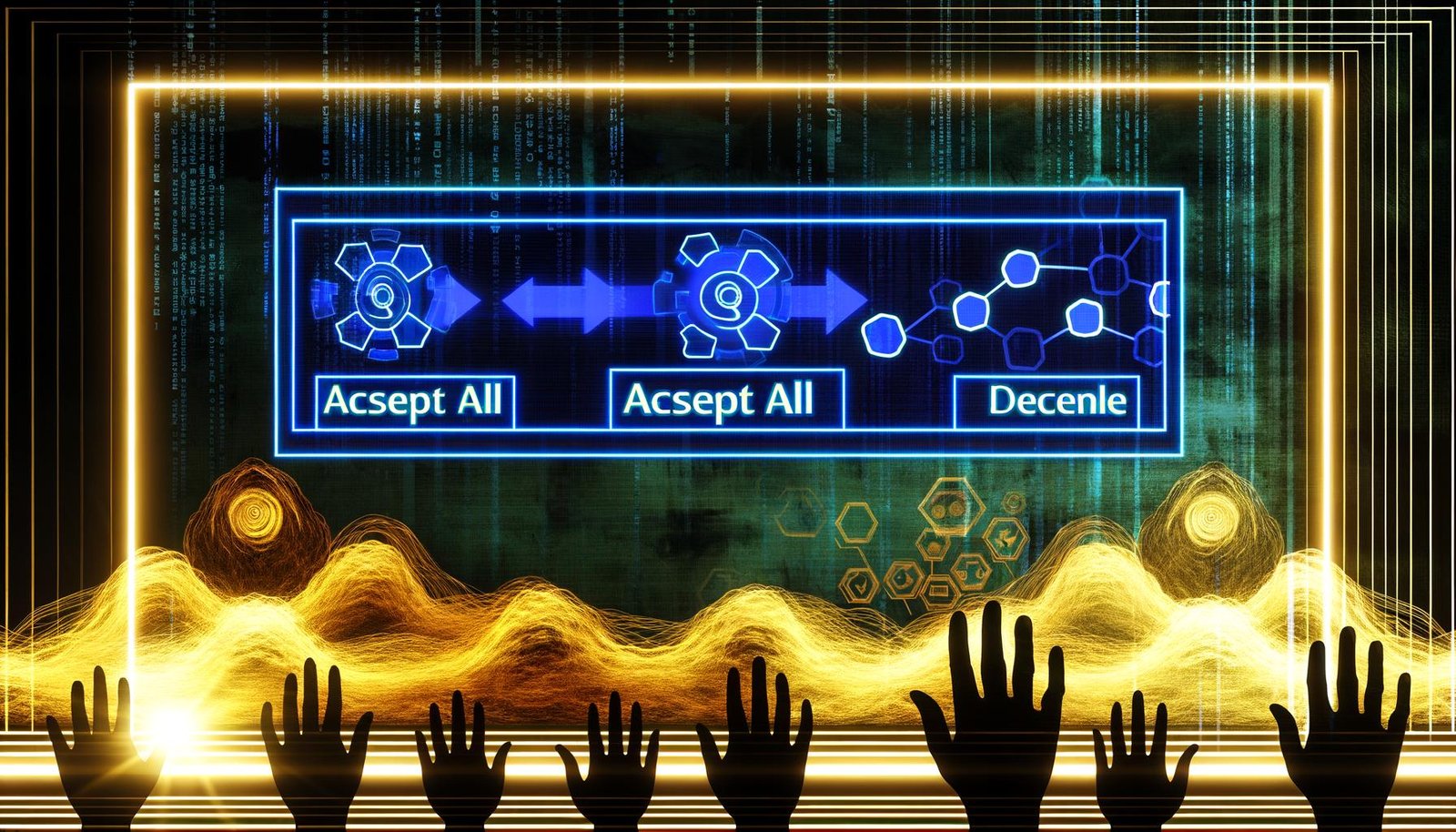 Computerbildschirm mit Cookie-Consent-Banner, blockierte Datenströme, verblasste Analytics-Icons und Nutzerhände an Schiebereglern vor technischem Hintergrund.
