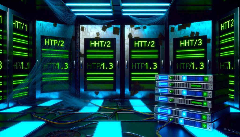 Futuristisch beleuchteter Serverraum mit modernen HTTP/2- und HTTP/3-Protokollen im Fokus, während ein alter HTTP/1.1-Server mit Spinnweben im Hintergrund steht.