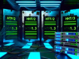 Futuristisch beleuchteter Serverraum mit modernen HTTP/2- und HTTP/3-Protokollen im Fokus, während ein alter HTTP/1.1-Server mit Spinnweben im Hintergrund steht.