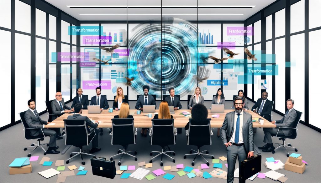 Berater-Team in modernem Konferenzraum mit Politiker, Laptops, PowerPoint-Ausdrucken, Kaffeetassen sowie schwebenden Buzzwords und digitalen Diagrammen, angespanntes Setting.