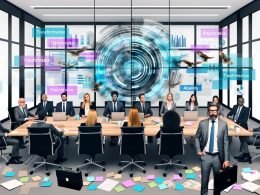 Berater-Team in modernem Konferenzraum mit Politiker, Laptops, PowerPoint-Ausdrucken, Kaffeetassen sowie schwebenden Buzzwords und digitalen Diagrammen, angespanntes Setting.