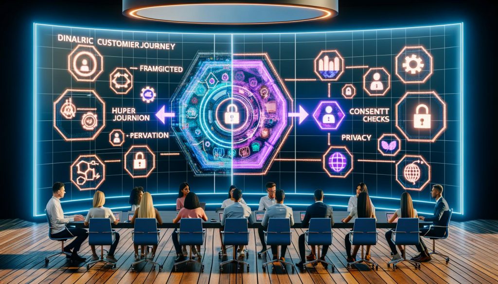 Futuristischer Konferenzraum mit vielseitigem Team an Touchscreens, holografischer Nutzerreise, KI-Icons, Hyperpersonalisierung und Datenschutzelementen.