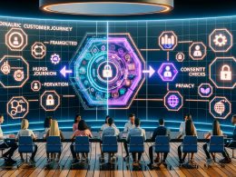 Futuristischer Konferenzraum mit vielseitigem Team an Touchscreens, holografischer Nutzerreise, KI-Icons, Hyperpersonalisierung und Datenschutzelementen.