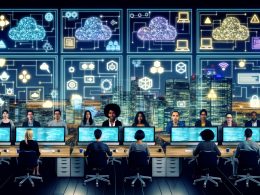 Futuristisches Entwickler-Büro mit diversen Entwicklern, die an Laptops mit Kubernetes, Docker und Terraform arbeiten. Überall digitale Cloud-Icons, DevOps-Diagramme und schwebende Microservices.