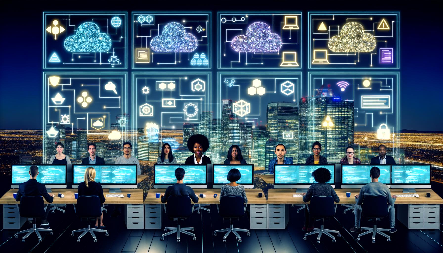 Futuristisches Entwickler-Büro mit diversen Entwicklern, die an Laptops mit Kubernetes, Docker und Terraform arbeiten. Überall digitale Cloud-Icons, DevOps-Diagramme und schwebende Microservices.