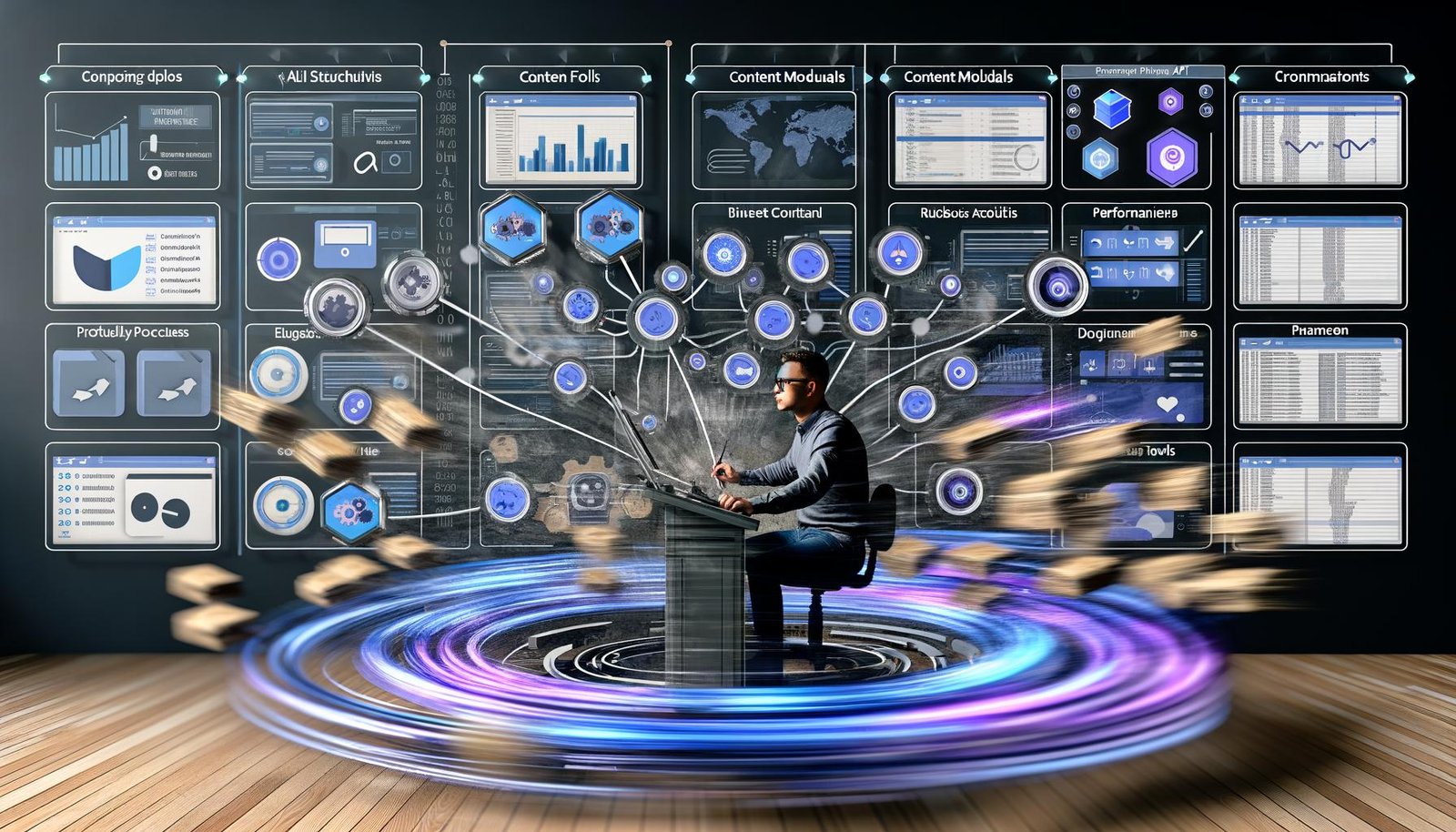 Konzentrierter Marketer an einer Steuerzentrale in einem futuristischen Maschinenraum, gesteuert durch Dashboards, KI und automatisierte Workflows mit ausblendenden manuellen Prozessen.