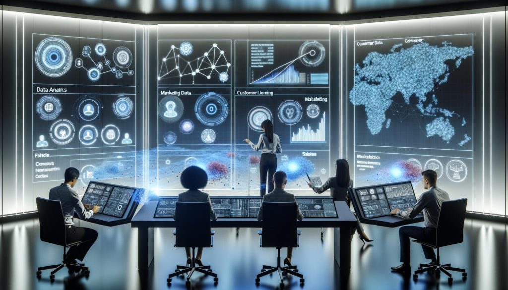 Futuristischer Datenkontrollraum mit schwebenden Bildschirmen, interaktiven Dashboards und Geschäftsexperten an einer holographischen Benutzeroberfläche