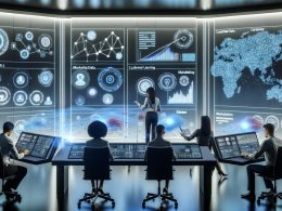 Futuristischer Datenkontrollraum mit schwebenden Bildschirmen, interaktiven Dashboards und Geschäftsexperten an einer holographischen Benutzeroberfläche