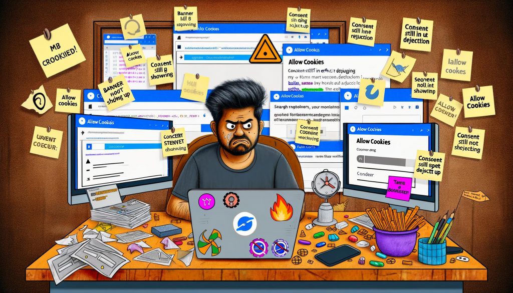 Verzweifelter Webentwickler an einem chaotischen Arbeitsplatz mit zahlreichen Bildschirmen, die Cookie-Banner, Fehlerwarnungen, Browser- und Debugtools zeigen.