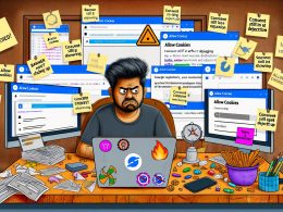 Verzweifelter Webentwickler an einem chaotischen Arbeitsplatz mit zahlreichen Bildschirmen, die Cookie-Banner, Fehlerwarnungen, Browser- und Debugtools zeigen.