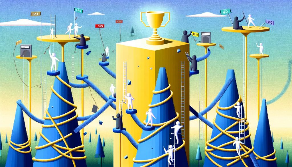 Digitales Bild von Personen, die auf komplexen, von Slashes und Unterordnern gekennzeichneten Wegen an Google-Suchergebnis-Seiten emporsteigen; einige scheitern an 404-Fehlern und Duplicate Content, während ein Sieger einen klaren Ordnerpfad zur Spitze erklimmt.