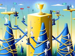 Digitales Bild von Personen, die auf komplexen, von Slashes und Unterordnern gekennzeichneten Wegen an Google-Suchergebnis-Seiten emporsteigen; einige scheitern an 404-Fehlern und Duplicate Content, während ein Sieger einen klaren Ordnerpfad zur Spitze erklimmt.