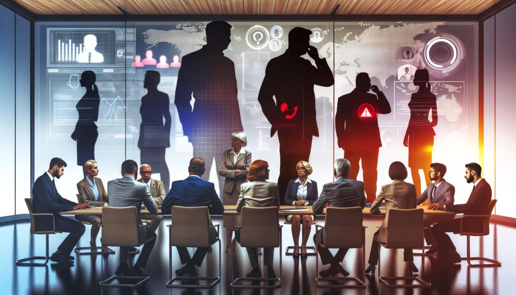 Gruppe von Politikberatern in einem modernen Konferenzraum mit Monitoren, Datenanalysen, Social-Media-Icons und roten Warnsignalen, die eine angespannte Beratungssituation inszenieren.