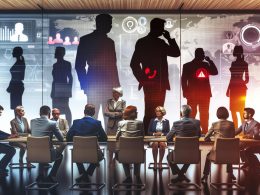 Gruppe von Politikberatern in einem modernen Konferenzraum mit Monitoren, Datenanalysen, Social-Media-Icons und roten Warnsignalen, die eine angespannte Beratungssituation inszenieren.