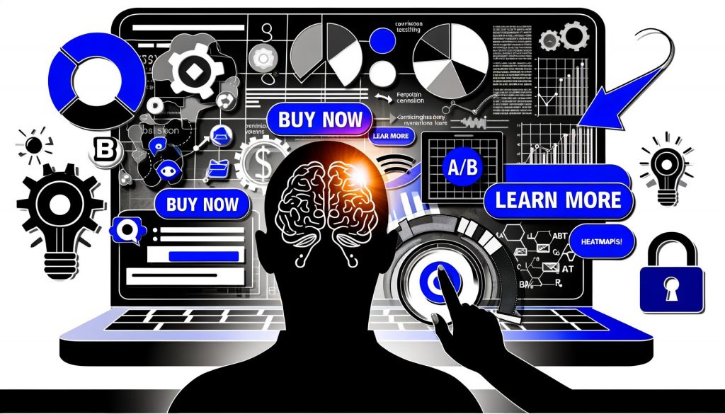 Digitale Illustration mit Conversion-Buttons, Analytics-Elementen, A/B-Testing-Grafiken, Nutzern an Geräten und Symbolen aus Psychologie und Technik.