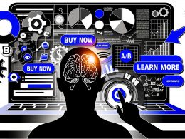 Digitale Illustration mit Conversion-Buttons, Analytics-Elementen, A/B-Testing-Grafiken, Nutzern an Geräten und Symbolen aus Psychologie und Technik.