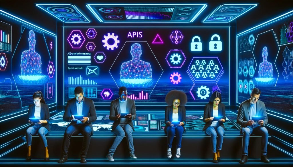 Digitale Steuerzentrale mit Daten-Dashboards, holografischen Interfaces, einem multikulturellen Marketing-Team und Symbolen für API, Datenschutz und Automatisierung, futuristisch inszeniert.