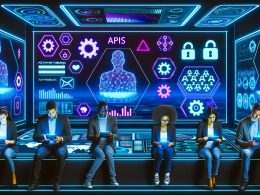 Digitale Steuerzentrale mit Daten-Dashboards, holografischen Interfaces, einem multikulturellen Marketing-Team und Symbolen für API, Datenschutz und Automatisierung, futuristisch inszeniert.