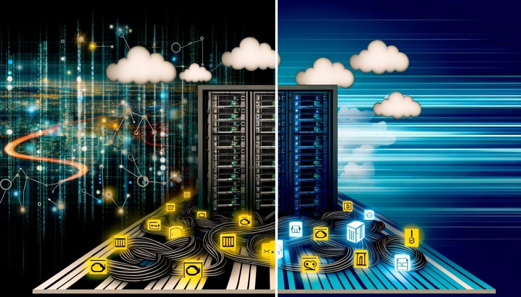 Gegensätzliche IT-Welten: chaotische, dunkle Server auf der linken Seite, moderne leuchtende Cloud Native-Symbole auf der rechten Seite, getrennt durch eine stilisierte Bruchkante.