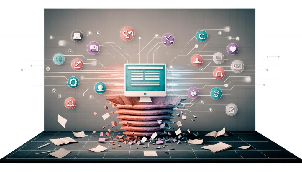 Illustration einer Computer-Konsole mit digitalen Contentströmen, umgeben von zerfallenden Notizen, klassischen Redaktionswerkzeugen und modernen KI- sowie Netzwerk-Symbolen.