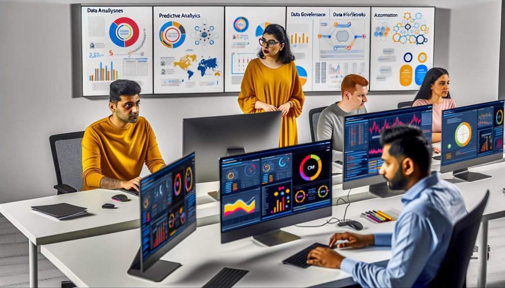 Modernes Büro mit mehreren Mitarbeitern, die vor großen Monitoren und Laptops an dynamischen farbigen CRM-Dashboards, Datenvisualisierungen, Datenpipelines und automatisierten Workflows arbeiten. Im Hintergrund Whiteboards mit Begriffen aus Predictive Analytics und Data Governance.