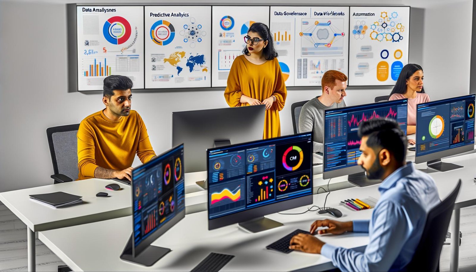 Modernes Büro mit mehreren Mitarbeitern, die vor großen Monitoren und Laptops an dynamischen farbigen CRM-Dashboards, Datenvisualisierungen, Datenpipelines und automatisierten Workflows arbeiten. Im Hintergrund Whiteboards mit Begriffen aus Predictive Analytics und Data Governance.