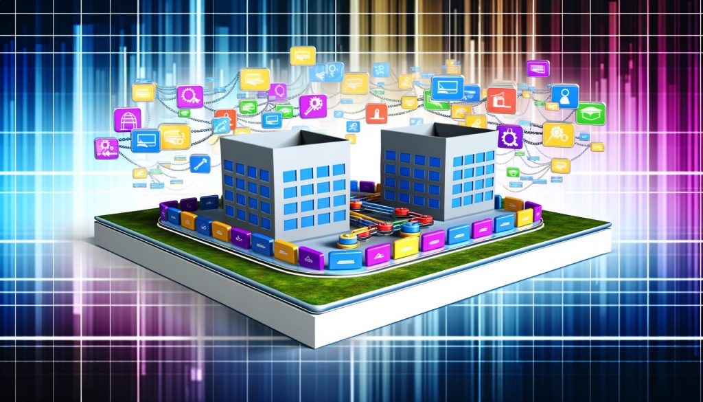 Moderne, farbenfrohe Illustration: Hauptdomain und Subdomain als separate Gebäude, verbunden durch Datenflüsse und SEO-Symbole wie Rankings, Link-Juice, Crawler und Analysediagramme. Darunter ein verzweigtes Verzeichnis als Fundament.