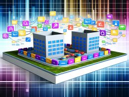 Moderne, farbenfrohe Illustration: Hauptdomain und Subdomain als separate Gebäude, verbunden durch Datenflüsse und SEO-Symbole wie Rankings, Link-Juice, Crawler und Analysediagramme. Darunter ein verzweigtes Verzeichnis als Fundament.