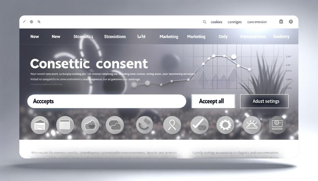 Modernes, benutzerfreundliches Consent-Banner mit klaren Cookie-Optionen und Symbolen für Statistik, Marketing und Personalisierung vor einer responsiven Website mit angedeuteten Analytics-Grafiken.