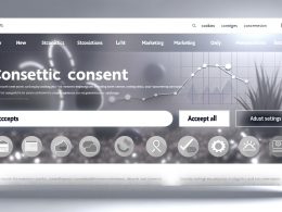 Modernes, benutzerfreundliches Consent-Banner mit klaren Cookie-Optionen und Symbolen für Statistik, Marketing und Personalisierung vor einer responsiven Website mit angedeuteten Analytics-Grafiken.