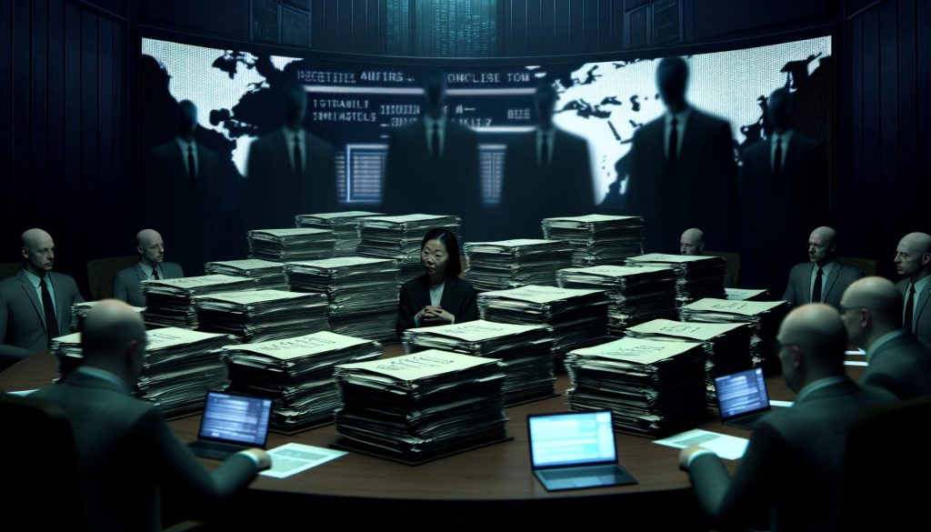 Eine skeptisch wirkende Entscheidungsträgerin in einem düsteren Sitzungssaal, umgeben von vertraulichen Aktenstapeln, Beratern im Halbdunkel und LED-Bildschirmen mit Datenströmen.