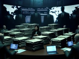 Eine skeptisch wirkende Entscheidungsträgerin in einem düsteren Sitzungssaal, umgeben von vertraulichen Aktenstapeln, Beratern im Halbdunkel und LED-Bildschirmen mit Datenströmen.